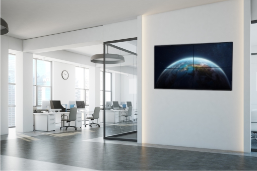 modern meeting space with digital screens Modern office area with digital screens