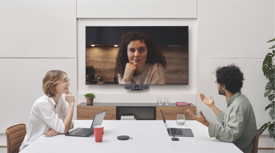 Colleague on a video conference in a modern meeting room