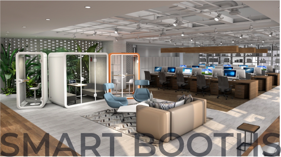 Smart meeting booths in an open plan office