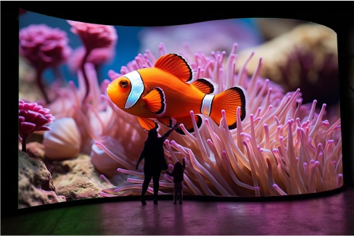 Curved bright LED display showing a clown fish. spectators are reaching out to touch it.
