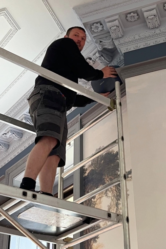 Gallery 44 Installing biamp speakers in Hartham Park's impressive ball room.