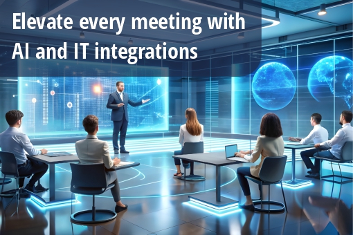AI and IT integrations 510px AI generate image showing a futuristic meeting in place. Caption: How AI & IT integrations ca n elevate meetings, cut costs and future-proof your business.