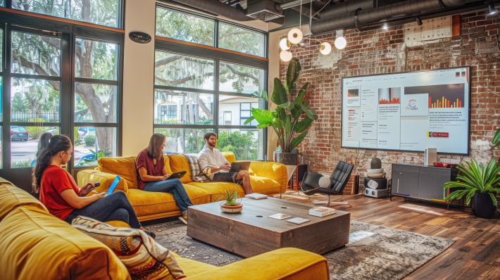 Contemporary hybrid meeting space with a large display screen and bright comfortable seating.