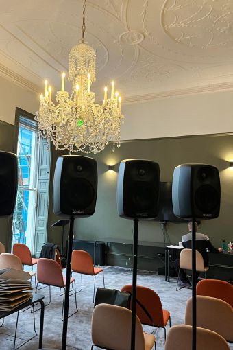 Genelc loudspeakers mounted on stands in BVA Mary Brancker meeting room Genelec loudspeakers mounted on stands for a flexible mobile solution in the Mary Brancker meeting room, BVA London.