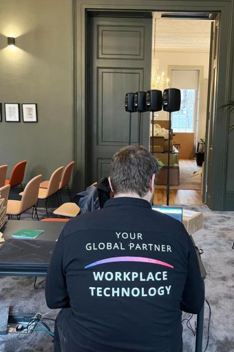 VCW engineer setting up speakers in BVA London Mary Branker room VCW engineer setting up Genelec speakers in BVA London Mary Brancker room.