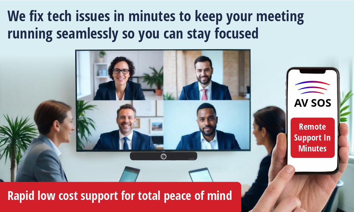 AV SOS - we fix tech issues ot keep your meetings running seamlessly Colleagues in a video conference with remote colleagues. Supported by AV SOS service they have peace of mind that they are covered by AV SOS - remote support in minutes.